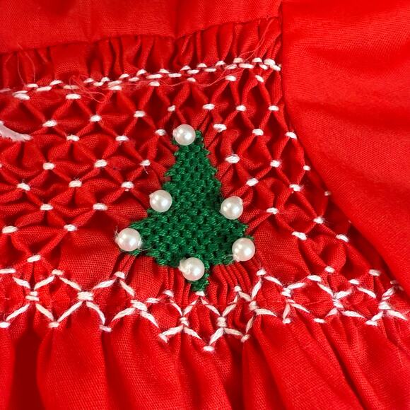 Vintage Polly Flinders Hand Smocked Dress Size 9 mos Christmas Tree Beaded - Picture 10 of 16